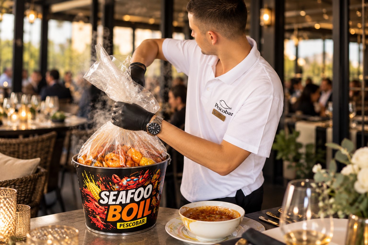 Un ospătar scoate Seafood Boil din pungă la masă