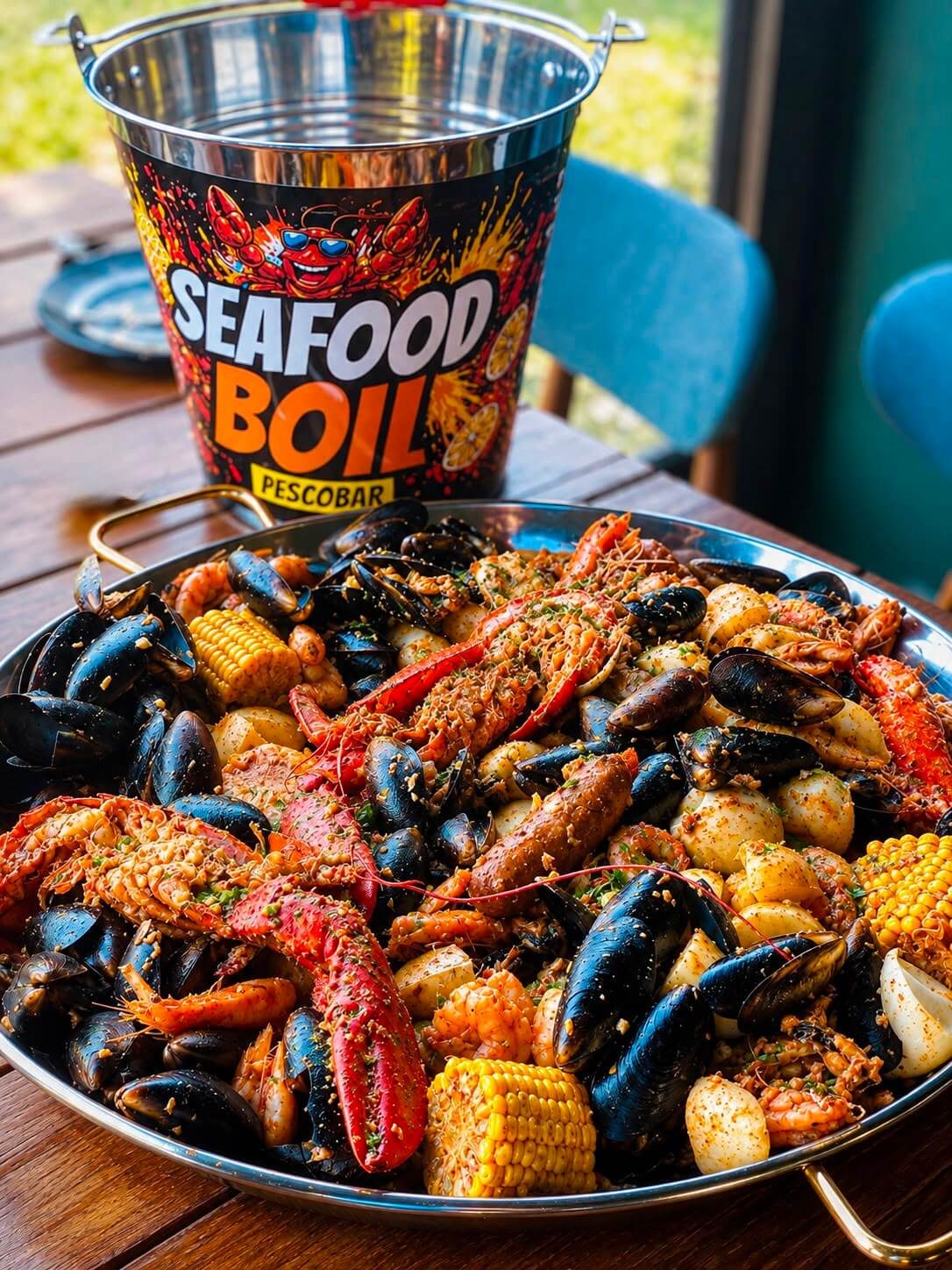 Tavă mare cu Seafood Boil, lângă găleata casei