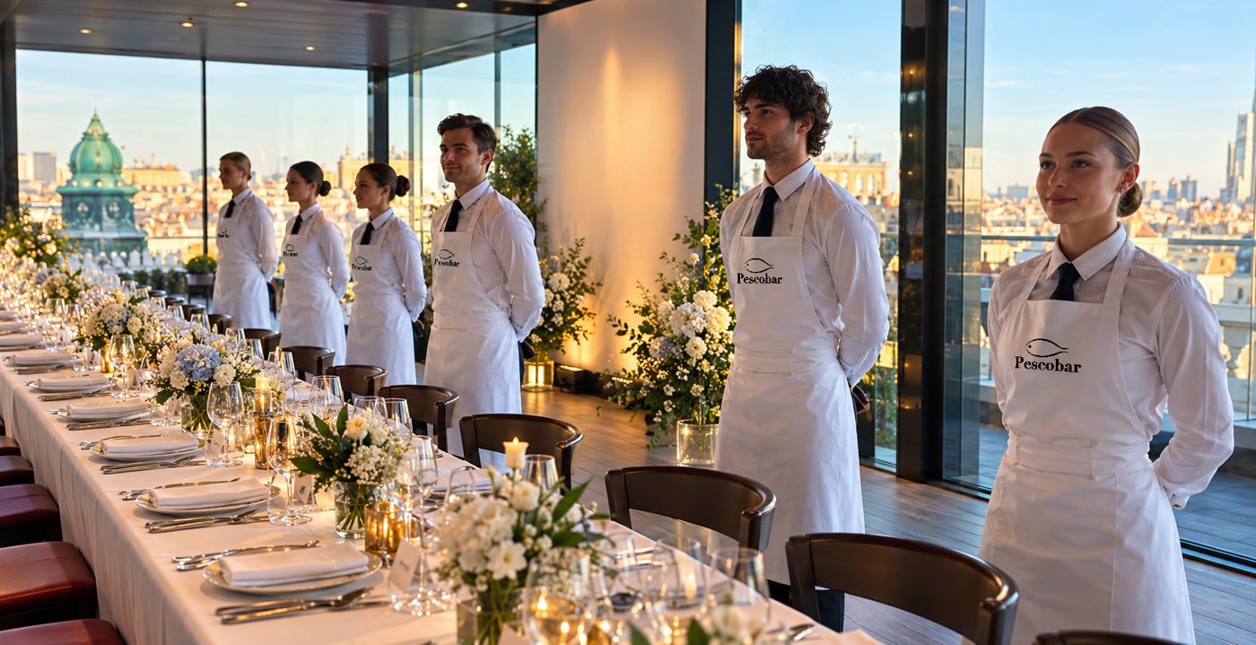Masă lungă pregătită pentru un eveniment privat, cu echipa de servire aliniată