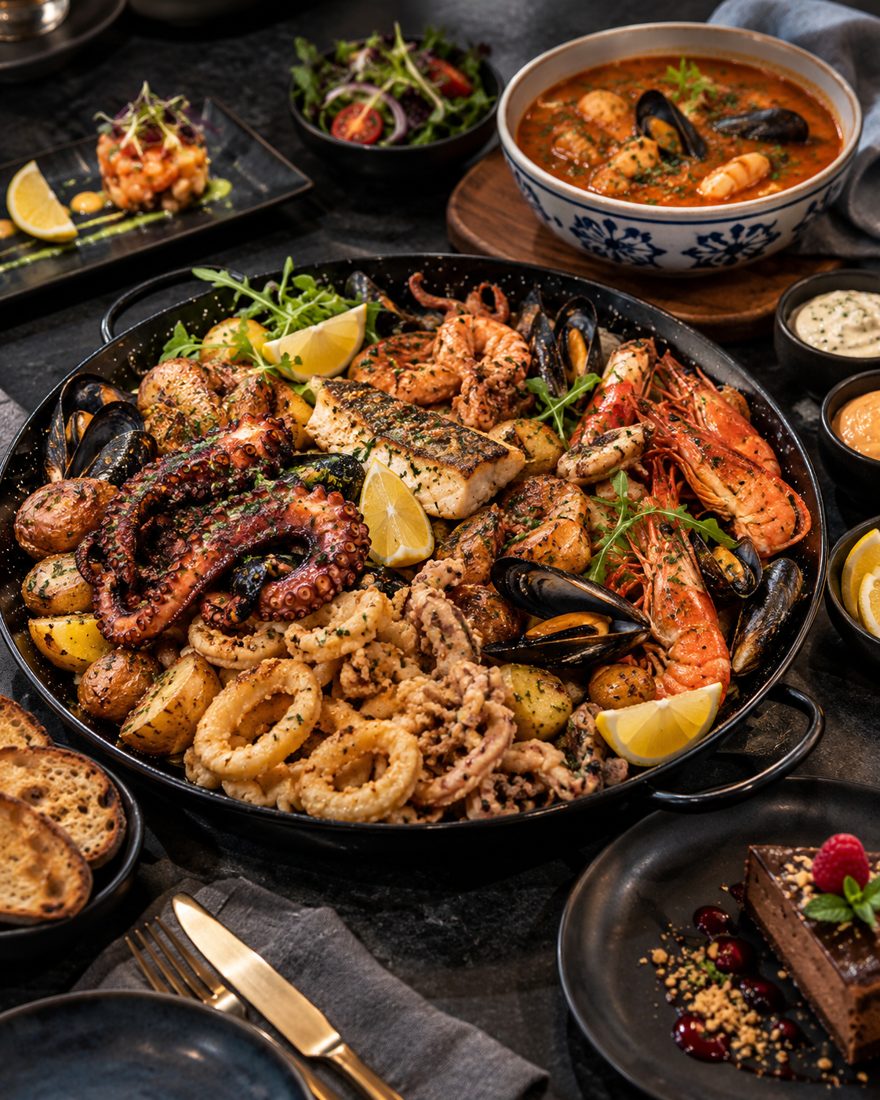 Platou cu fructe de mare servit la masă