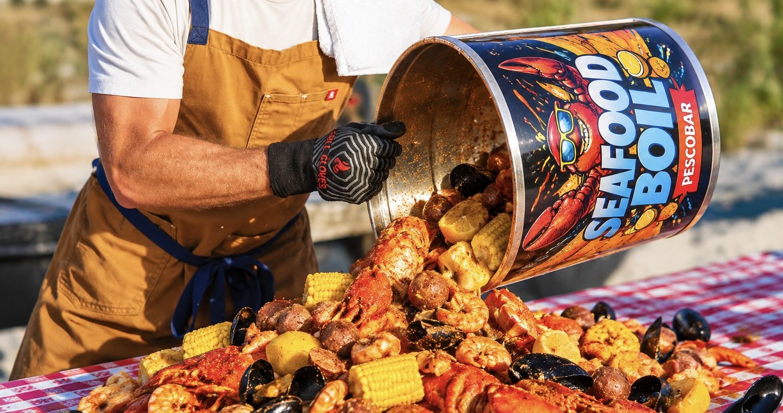 Un om ține oala cu Seafood Boil înainte de a o turna pe masă